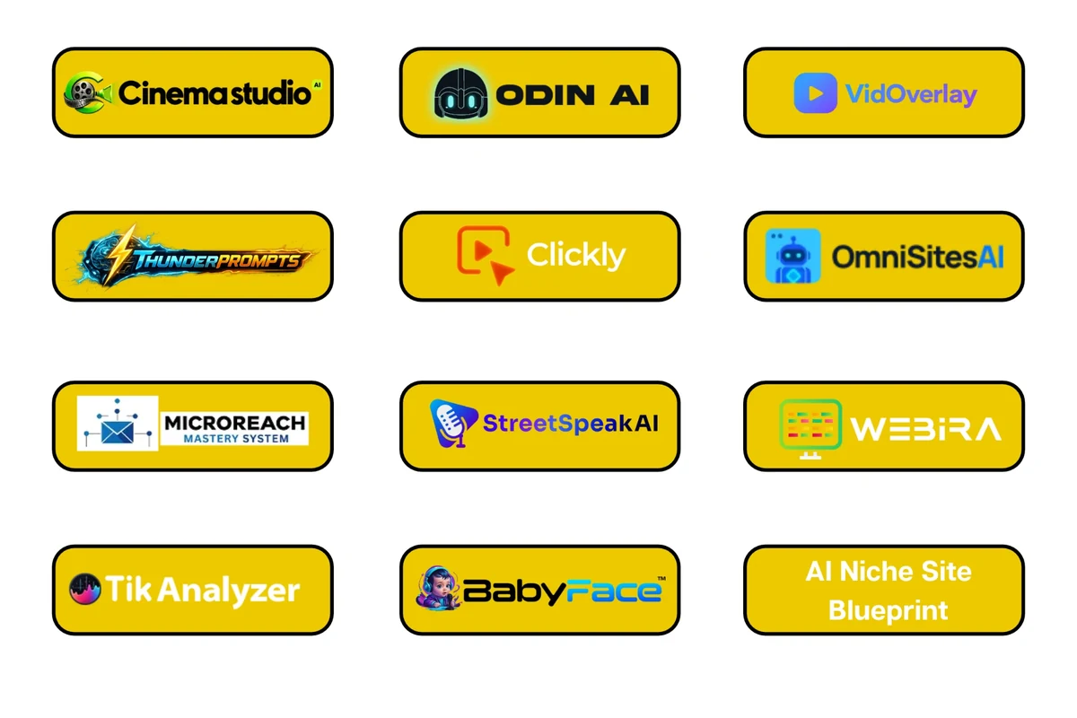 Logos of Todd Gross’s twelve most recent launches that finished number one on the leaderboard: Cinema Studio AI, ODIN AI, VidOverlay, ThunderPrompts, Clickly, OmniSitesAI, MicroReach Mastery System, StreetSpeakAI, Webira, TikAnalyzer, BabyFace and AI Niche Site Blueprint.
