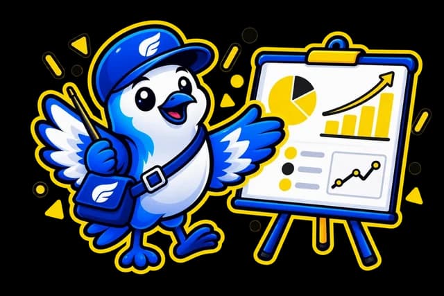 The courier bird presents a growth report on an easel.
